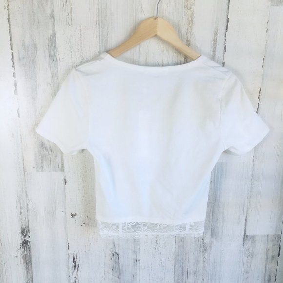 NWT Jonathan Simkhai STANDARD Cropped Top Ruched Tee Lace Hem White S - Picture 7 of 9